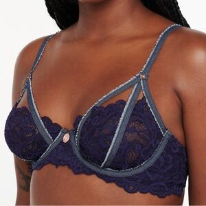 Savage X Fenty Navy Blue Framed in Denim Unlined Demi Bra - Size: 34C